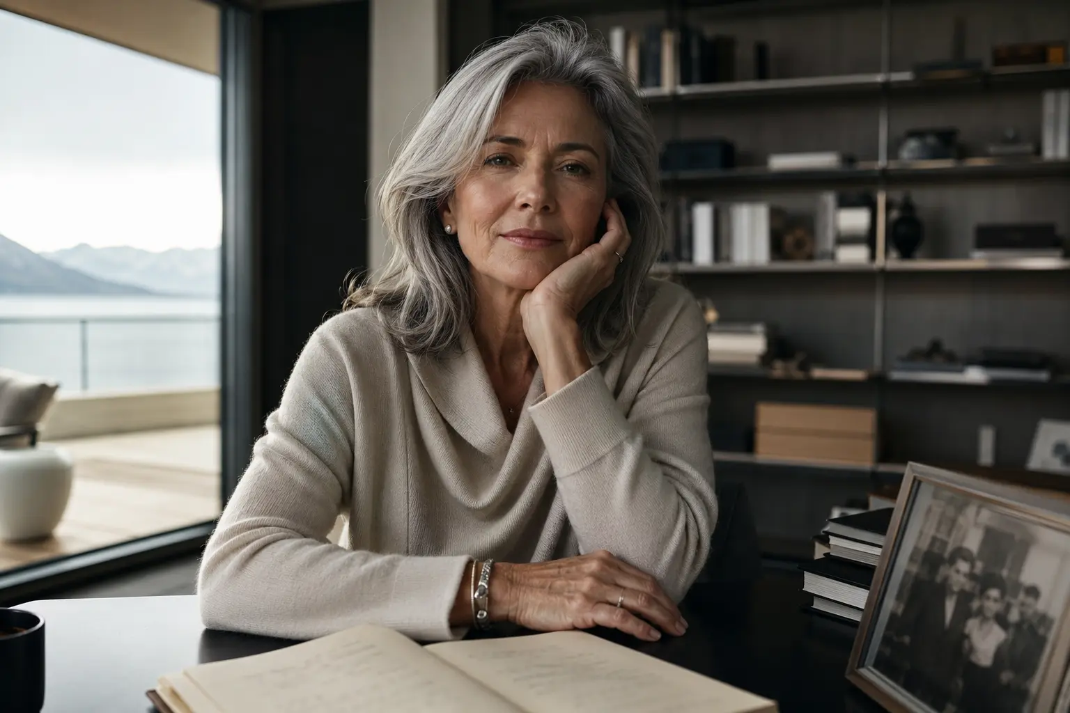 Claire Duvillard assise dans un bureau face à un lac